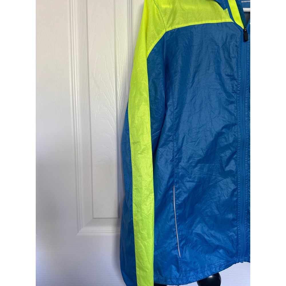 Brooks Shelter Technology Womens Medium Blue Neon Yellow Running Jacket Zip Hood - Picture 2 of 7